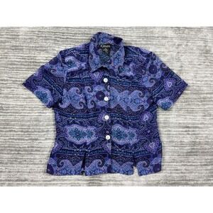 K Studio Top Womens 10 Purple Sheer Button Front Short Sleeve Polyester